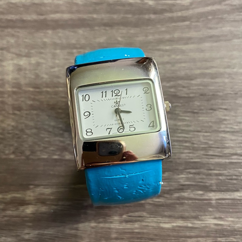 Cannes Blue Faux Leather Cuff Watch